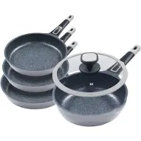 King Pfannen-Set "Moonscape" Aluminiumguss Set, je 1 Pfanne Ø 20/24/28/28 cm, H: 4,5/5/5,5/8,5 cm, - 1/1,9/2,5/4 l, 5 Stk. tlg. abnehmbarer Griff, MOONSCAPE-Beschichtung, Induktion