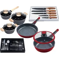 King 11tlg. Profi-Bratpfannenset »Moonscape 2er« ROT Bratpfanne flach (Ø24cm) + Bratpfanne tief (Ø24cm) mit Glasdeckel + 5tlg. Messerset + 3tlg. Kochtopfset (Ø18,20,24cm) + 31tlg. Besteck