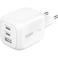 Belkin BoostCharge Pro 3-Port-GaN-Ladegerät 70 W mit Reiseadapter-Set - Weiß