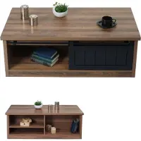 Mendler Couchtisch HWC-K75, Beistelltisch Wohnzimmertisch, Schiebetüre 6 Staufächer, Holz-Optik Metall 44x12