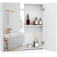 Costway Spiegelschrank Bad, Wandschrank Badezimmerschrank mit Spiegel, Hängeschrank Badezimmerspiegel Holz für Badezimmer, 62 x 11,5 x 65cm, Weiß
