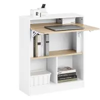 SoBuy FWT104-WN Klapptisch mit angebautem Schrank Klappbarer Tisch mit Schrank Faltbarer Tisch Schreibtischschrank Weiß und Natur BHT ca. 70x85x54cm