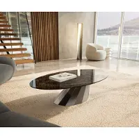 DELIFE Couchtisch Edge Oval 140x80 cm Keramik Emperador Extra Lucidato Dunkelbraun Parabi Edelstahl gebürstet