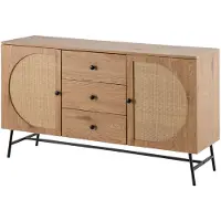 Wohnling Sideboard 140x80x40 cm Kommode Eiche-Nachbildung mit Rattan Geflecht Modern Hoher Kommodenschrank Standschrank mit 2 Türen und 3 Schubladen