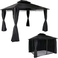 Mendler Hardtop Pergola HWC-M81, Pavillon, Aluminium Dachstreben 7cm-Stahlgestell mit Seitenwand und Moskitonetz 3,6x3m grau