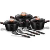 Berlinger Haus Black Rose Kochtopf Set 10-Teiliges Induktions Antihaft-Aluminium 3 Kochtöpfe 3 Glasdeckel Schwarz