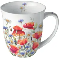 Ambiente Tasse 10cm Porzellan mit Mohnblumen Motiv - 0,4L Keramiktasse Porzellangeschirr Kaffeetasse Teetasse Kakaotasse Sommergeschirr Porzellantasse rot weiß