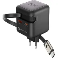 Forcell , 70W GaN III Ladegerät USB-C mit einziehbarem Kabel kompakt, Schwarz