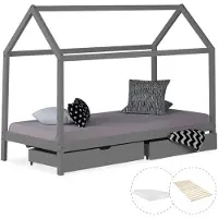 Homestyle4u Kinderbett 90x200 mit Matratze mit Standard 100 mit Lattenrost mit Bettkasten Stauraum Hausbett Grau