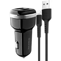 Borofone , Auto-Ladegerät Dual USB inkl. Lightning-Kabel robust, Schwarz