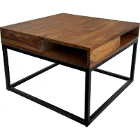 FineBuy Couchtisch Sheesham Massivholz 60x60 cm Quadratischer Wohnzimmertisch mit Ablagen Naturfarbener Holztisch mit stabilem Metallgestell