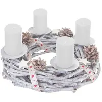 Mendler Adventskranz rund, Weihnachtsdeko Tischkranz, Holz Ø 30cm weiß-grau ~ mit Kerzen, weiß