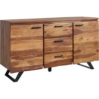 FineBuy Sideboard Sheesham Massivholz 145 cm 2 Türen & 3 Schubladen - Massive Retro Baumkanten Kommode - Design Natur Anrichte - Handdustrial