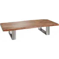 FineBuy Couchtisch Akazie Massivholz 115cm rechteckig Flacher Wohnzimmertisch mit Baumkante und Kufengestell Handgefertigter Tisch im Industrial Stil