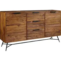 FineBuy Sideboard Sheesham Massivholz 160cm 2 Türen & 3 Schubladen - Massive Retro Kommode Metall Gestell - Design Natur Anrichte Handdustrial