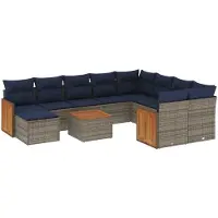 vidaXL 11-teiliges Gartensofa-Set mit Kissen, grau, Polyrattan