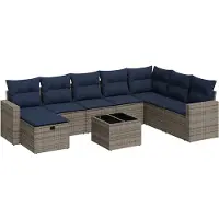 vidaXL 9-tlg. Garten-Sofagarnitur mit Kissen Grau Poly Rattan