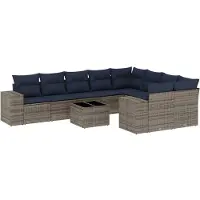 vidaXL 10-teiliges Gartensofa-Set mit Kissen, grau, Polyrattan