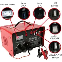 Toolland Batterieladegerät 12/24 V, mit Booster/Starthilfe 20 A, robustes Metallgehäuse, rot