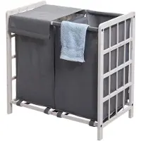 Mendler Wäschesammler HWC-B60, Laundry Wäschebox Wäschekorb, Massiv-Holz 2 Fächer 60x60x33cm 68l ~ shabby weiß, Bezug grau