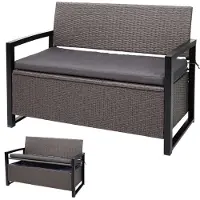 Mendler Poly-Rattan 2er Sitzbank MCW-F39, Gartenbank Truhenbank, Staufach Aufbewahrung Sitzkissen grau-meliert, Kissen grau