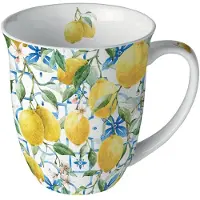 Ambiente Tasse 10cm Porzellan mit Zitronen Motiv - 0,4L Keramiktasse Porzellangeschirr Kaffeetasse Teetasse Kakaotasse Sommergeschirr Porzellantasse Gelb Weiß