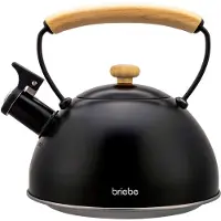 Briebe Wooden Wasserkessel Induktion Flötenkessel 2,5L Edelstahl, Holzgriff, Schwarz