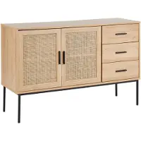 Beliani Sideboard Heller Holzfarton Schwarze Metallbeine und Handgriffe 39 x 120 x 77 cm Boho Stil Drei Rattan Türen und 3 Schubladen Wohnzimmer