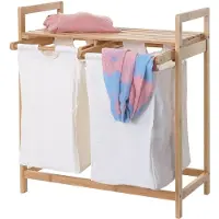 Mendler Wäschesammler HWC-B83, Laundry Wäschesortierer Wäschekorb Wäschebehälter, Bambus 2 Fächer 74x64x33cm 70l ~ weiß