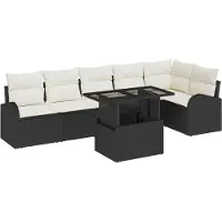 vidaXL Garten-Sofa-Set mit Kissen 7 pcs Schwarz und Creme Poly-Rattan