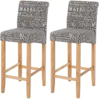 Décoshop26 - Set aus 2 Barhockern in grauem Stoff mit Schriftzugmuster helle Beine mit Fußstütze TDB04075
