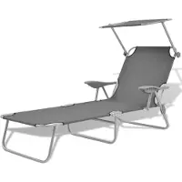 Helloshop26 - Sonnenliege Deckstuhl Sonnenbett Gartenbett Terrassenmöbel mit Markise grauer Stahl 02_0012265