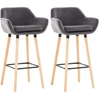 Décoshop26 - Set aus 2 grauen Samt-Barhockern mit Holzbeinen Fußstütze und Armlehnen Retro-Modern-Stil 10_0000320