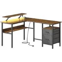 Helloshop26 Eckbüro mit Mehrfachsteckdose, Computerarbeitsplatz mit Monitorerhöhung, Gaming-Schreibtisch mit LED