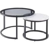 En.casa Couchtisch 2er Set 'Kokkola' Metallgestell rund Rauchglas / Marmoroptik, weiß
