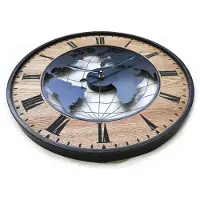 Rebecca Mobili Wanduhr, Weltkartenschnitzerei, Holz und Metall, schwarz und braun