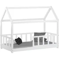 Homestyle4u Kinderbett 80x160 mit Rausfallschutz Hausbett Weiß Bodenbett Montessori mit Lattenrost