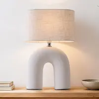 LumenXL Japandi Tischlampe Poyta weiß Karamell mit Leinenkappe