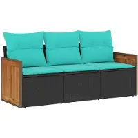 vidaXL 3-teiliges Gartensofa-Set mit Kissen, schwarzes Polyrattan
