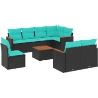 vidaXL 9-teiliges Gartensofa-Set mit Kissen, schwarzes Polyrattan