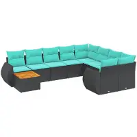 vidaXL 10-teiliges Gartensofa-Set mit Kissen, schwarzes Polyrattan
