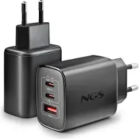 NGS ERA 65 W GaN-Wandladegerät mit 3 Anschlüssen (2x USB-C PD/PPS + USB-A QC 3.0) – Universelles Schnellladegerät, schwarz