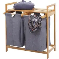 Mendler Wäschesammler HWC-B83, Laundry Wäschesortierer Wäschekorb Wäschebehälter, Bambus 2 Fächer 74x64x33cm 70l ~ dunkelgrau