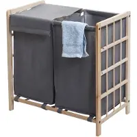 Mendler Wäschesammler HWC-B60, Laundry Wäschebox Wäschekorb, Massiv-Holz 2 Fächer 60x60x33cm 68l ~ hellbraun, Bezug grau