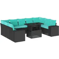 vidaXL 10-teiliges Gartensofa-Set mit Kissen, schwarzes Polyrattan