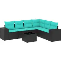 vidaXL 7-teiliges Gartensofa-Set mit Kissen, schwarzes Polyrattan