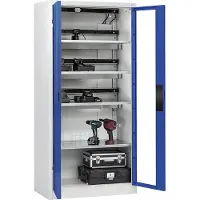 C+P Akkuladeschrank Comfort mit Sichtfenster aus Acrylglas, H 1950 x B 930 x T 500 mm, Lichtgrau/Enzianblau