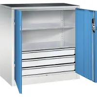 C+P Werkzeug-Beistellschrank mit Drehtüren, 2 Böden und 3 Schübe, H1000xB930xT500mm Front Lichtblau Korpus Lichtgrau
