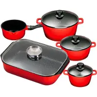 King 5tlg. Vorteilsset ROT: 4tlg. Kochtopfset Aluguss Rot, 3xKochtöpfe in Ø16,Ø20,Ø24cm, 1xStieltopf Ø16cm + 40x26cm Bräter Aluguss, mit Glasdeckel und Aromaknopf / Farbe: Rot