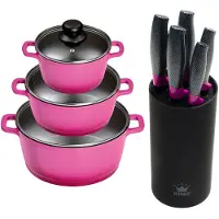 King Topf-Set "Berry" Set, je 1 Kochtopf mit Deckel 16/20/24 cm, Messerblock mit 5 Kochmesser, 9 Stk. tlg. Aluminiumguss